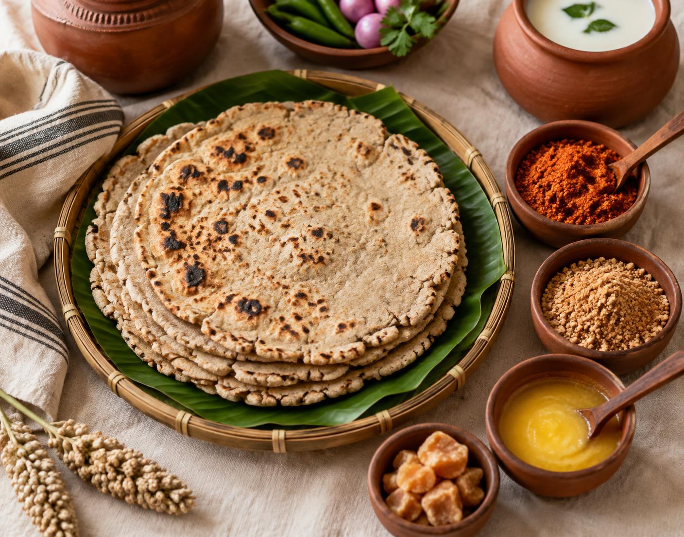 Stack of jowar rotti with chutney pudi, ghee and jaggery on a woven plate